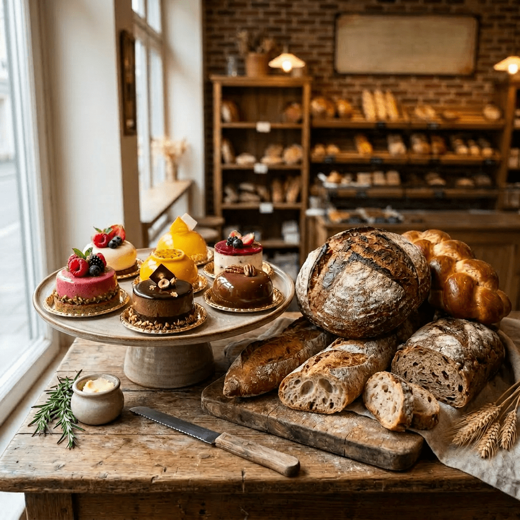 Assortment of artisanal breads and colorful pastries on a wooden table in a bakery