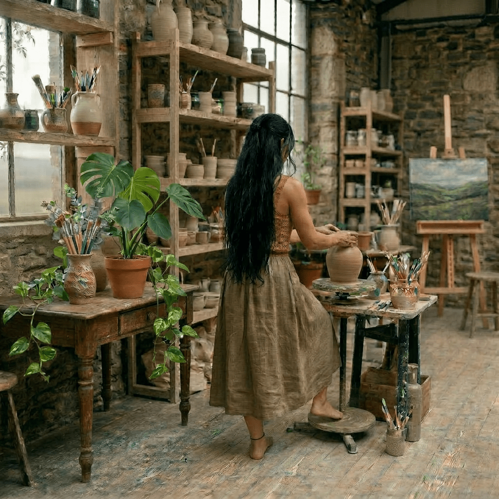 Woman shaping clay vase on pottery wheel in a plant-filled studio.