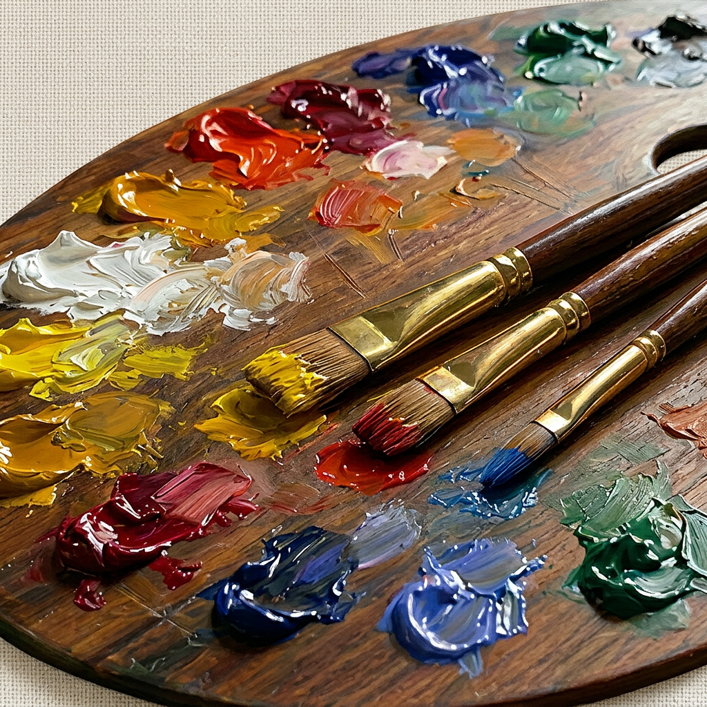 Wooden artist's palette with various oil paint colors and three paintbrushes resting on it